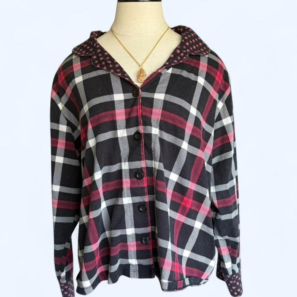 Vera Bradley Pajama Top XL Black Red White Plaid Cotton Button Down Sleep Shirt